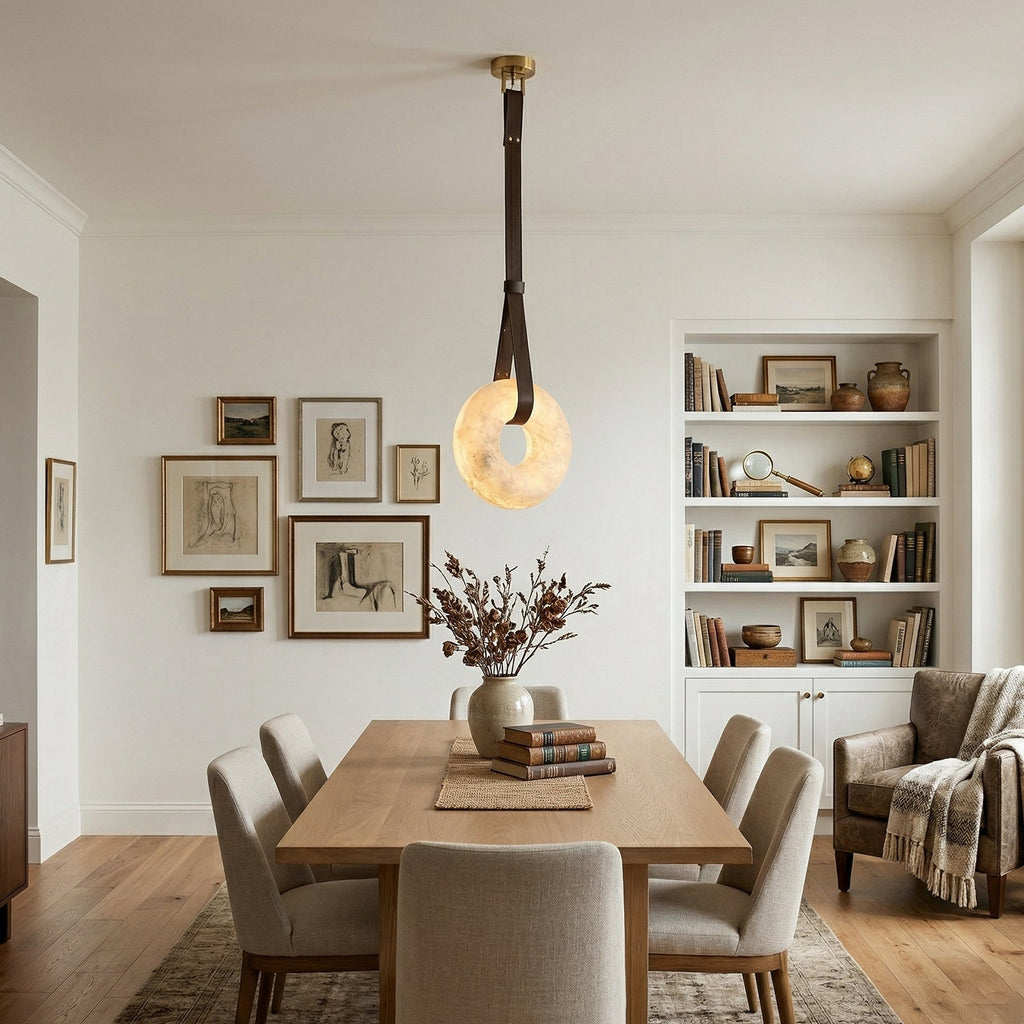 The Solène Pendant | Alabaster Halo & Leather