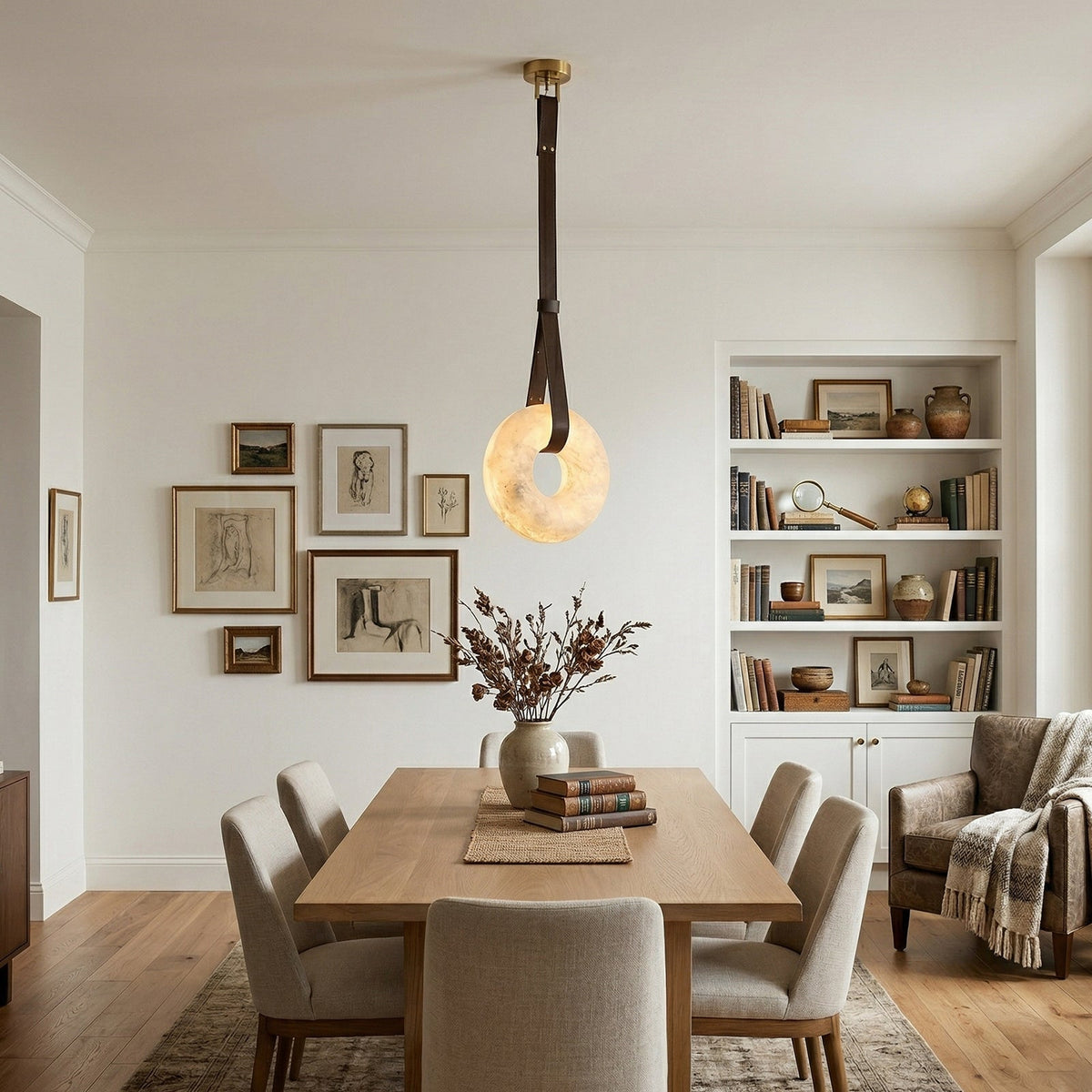 The Solène Pendant | Alabaster Halo & Leather
