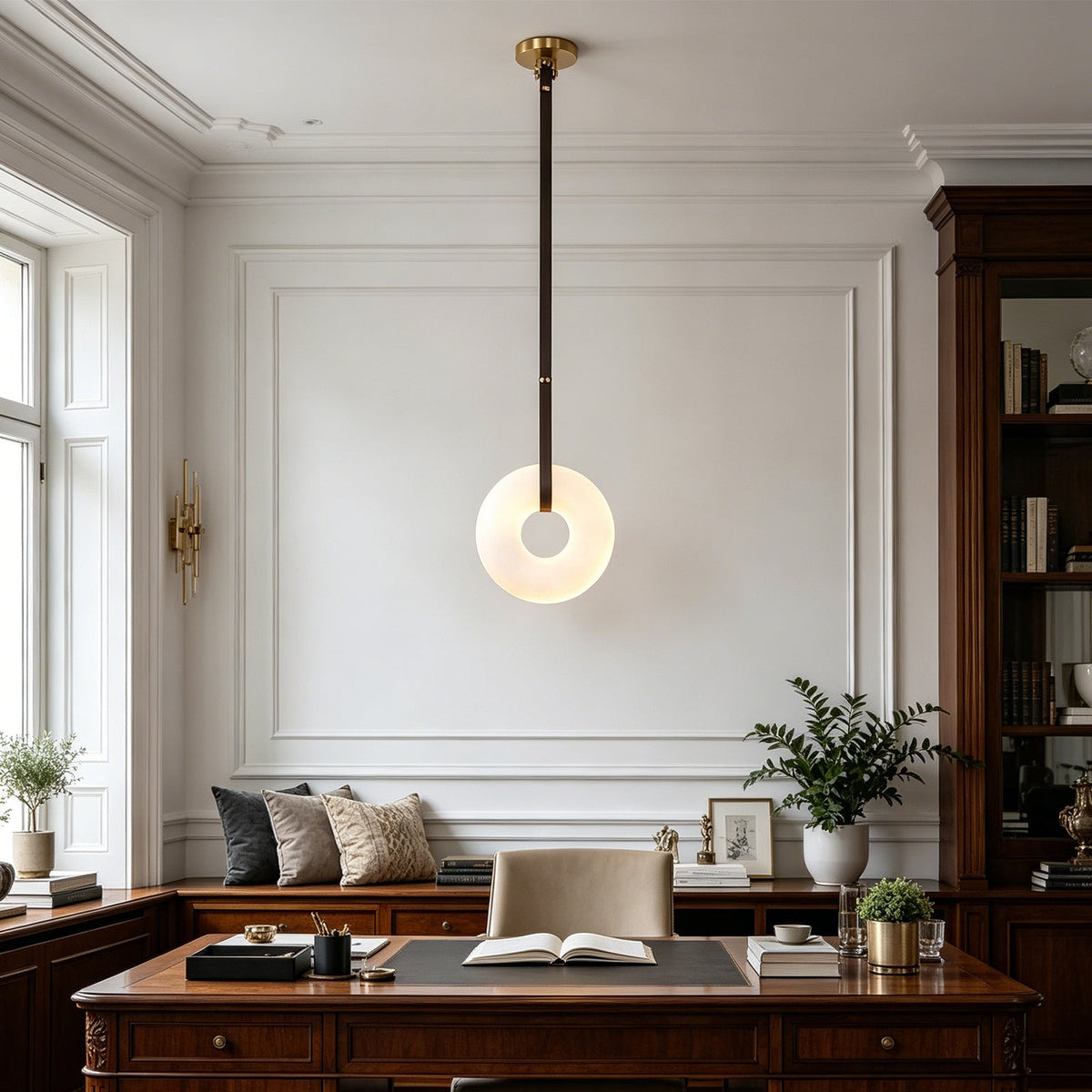 The Solène Pendant | Alabaster Halo & Leather