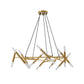 Symmetrical front studio presentation of the Apex Matrix chandelier, showcasing its interlocking web of satin gold rods and frosted white glass light cylinders suspended by thin black cables.