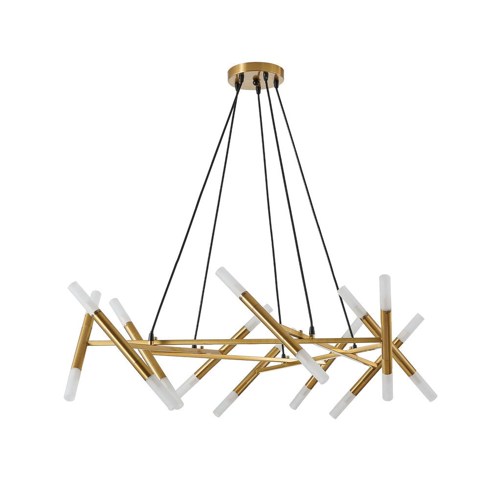 Symmetrical front studio presentation of the Apex Matrix chandelier, showcasing its interlocking web of satin gold rods and frosted white glass light cylinders suspended by thin black cables.