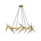 Symmetrical front studio presentation of the Apex Matrix chandelier, showcasing its interlocking web of satin gold rods and frosted white glass light cylinders suspended by thin black cables.