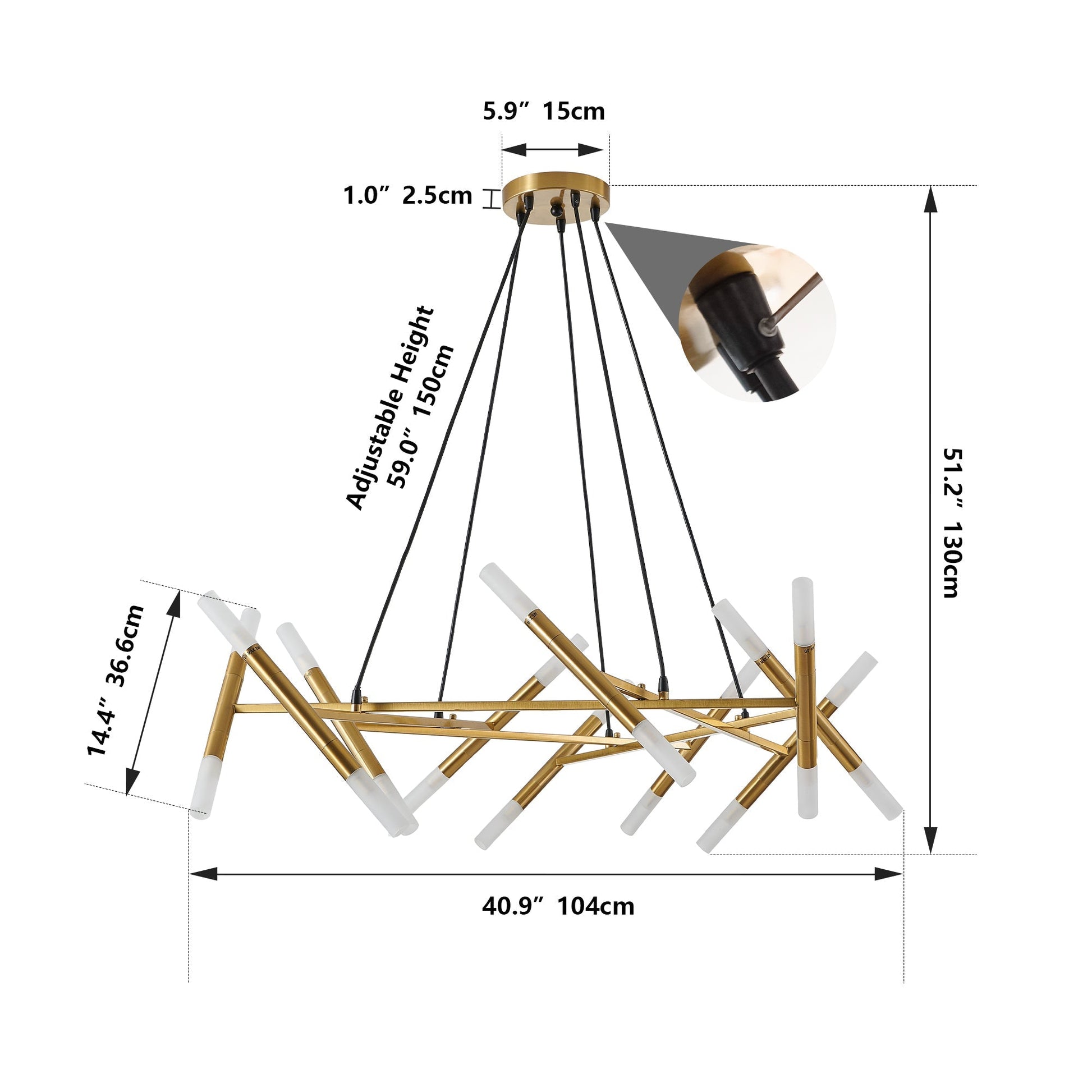 Technical dimension diagram of the Apex Matrix chandelier, detailing its 40.9-inch length, 14.4-inch branch segment height, and 51.2-inch overall height profile.