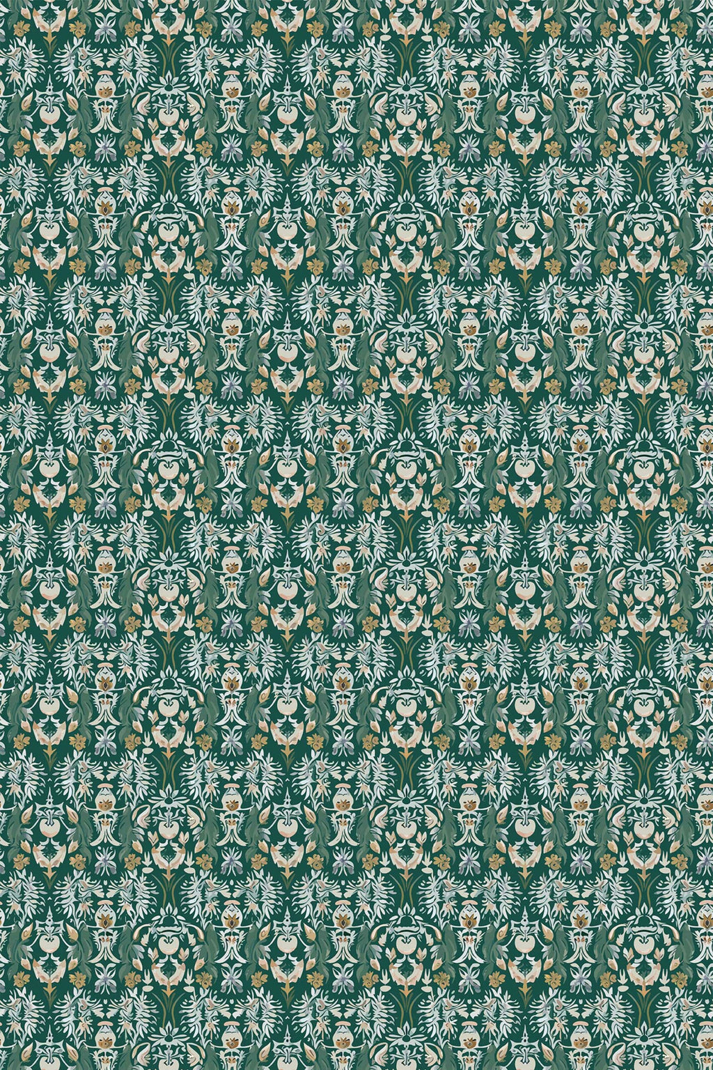 The Corentine Wallpaper — Forest Damask — art deco green damask non