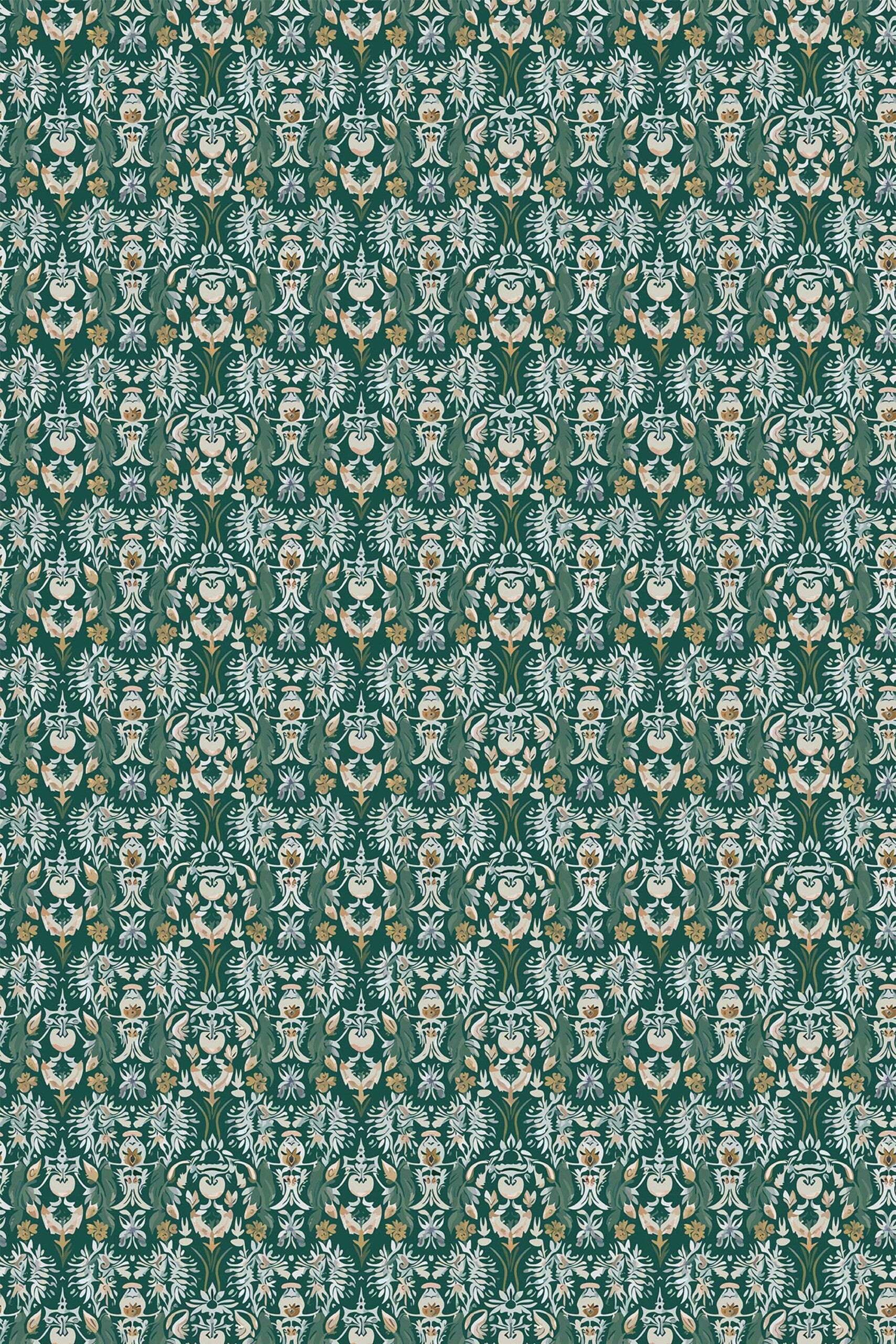 The Corentine Wallpaper — Forest Damask — art deco green damask non