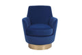 Front-facing studio presentation of the Aura swivel chair wrapped in royal blue velvet upholstery, highlighting the deep, vibrant color contrast against the gold plinth ring.