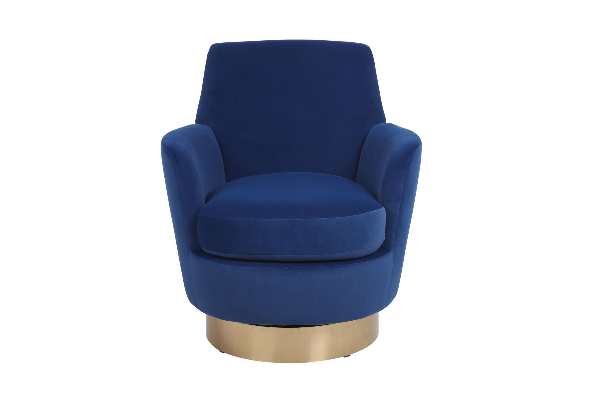 Front-facing studio presentation of the Aura swivel chair wrapped in royal blue velvet upholstery, highlighting the deep, vibrant color contrast against the gold plinth ring.
