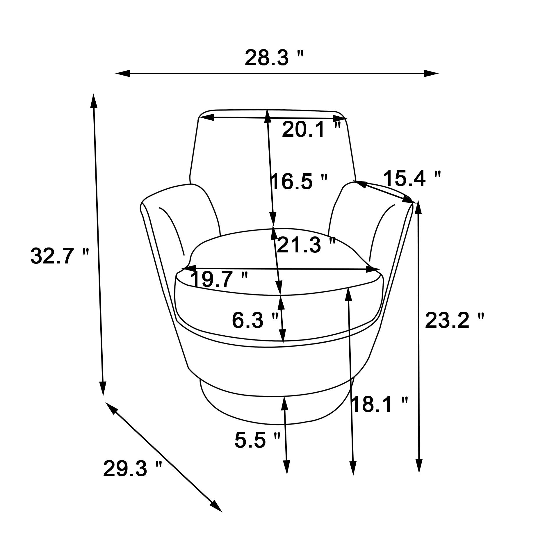 Technical drawing of the Aura barrel chair featuring black measurement callouts indicating its 32.7-inch overall height, 28.3-inch frame width, and 29.3-inch depth profile.