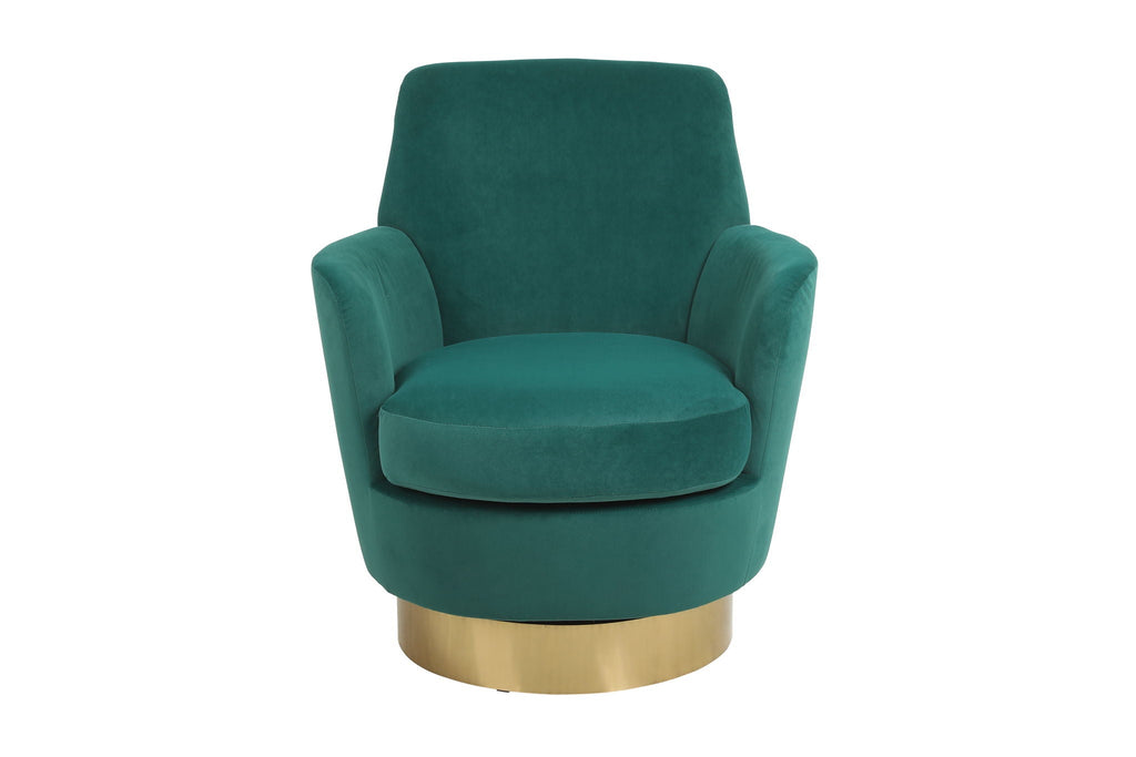 Straight-on studio profile of the Aura swivel chair in rich emerald green velvet, showcasing the dense jewel-toned fabric and polished brass base against a pure white background.
