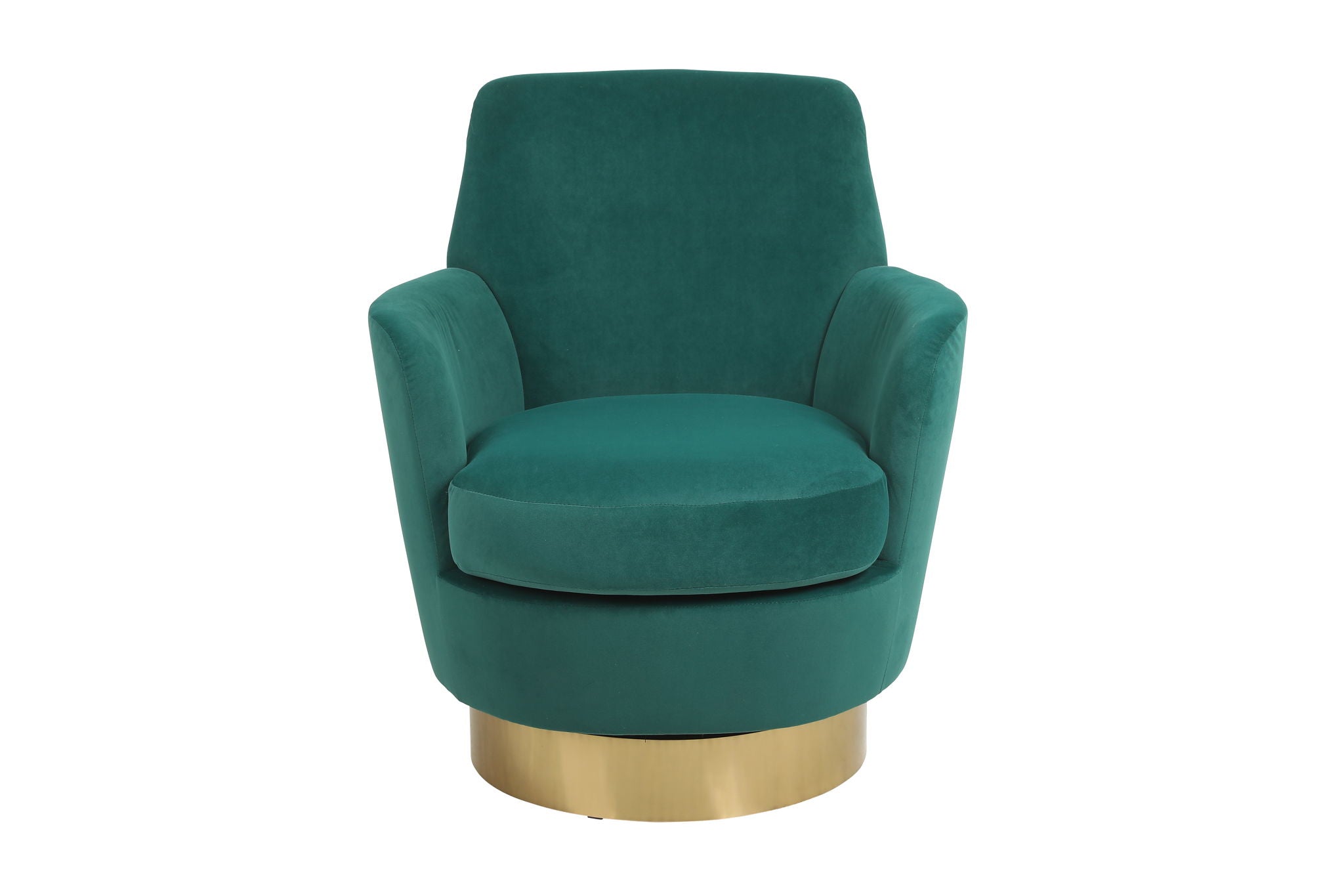 Straight-on studio profile of the Aura swivel chair in rich emerald green velvet, showcasing the dense jewel-toned fabric and polished brass base against a pure white background.