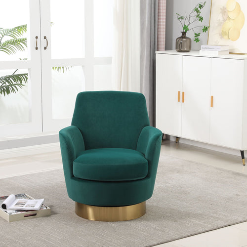 Editorial living room presentation of the Aura swivel chair in emerald green velvet, styled on a neutral rug alongside a minimalist white side cabinet and modern gold art.