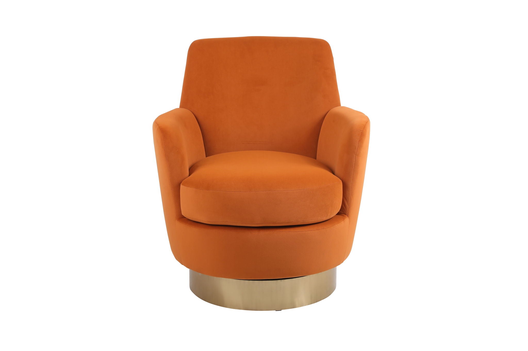 Symmetrical front-facing studio shot of the Aura barrel chair in a warm terracotta orange velvet, emphasizing the tight tailoring of the rounded cushion frame.