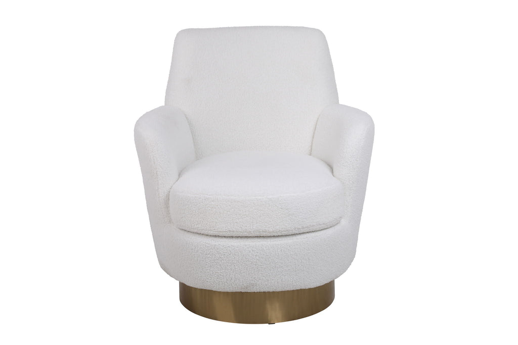 Straight-on studio shot of the Aura swivel chair variant in premium crisp white bouclé fabric, showcasing the thick, luxurious texture of the material weave.