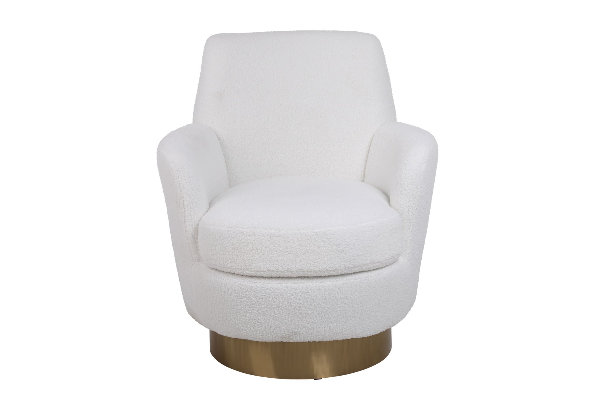 Straight-on studio shot of the Aura swivel chair variant in premium crisp white bouclé fabric, showcasing the thick, luxurious texture of the material weave.