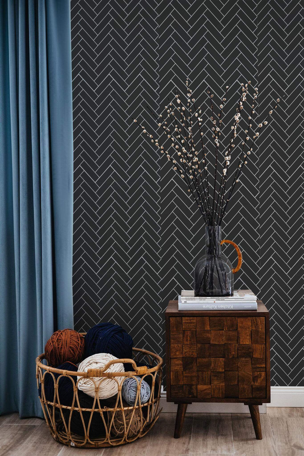 The Isaline Wallpaper — Onyx Herringbone — black herringbone removable wallpaper coastal