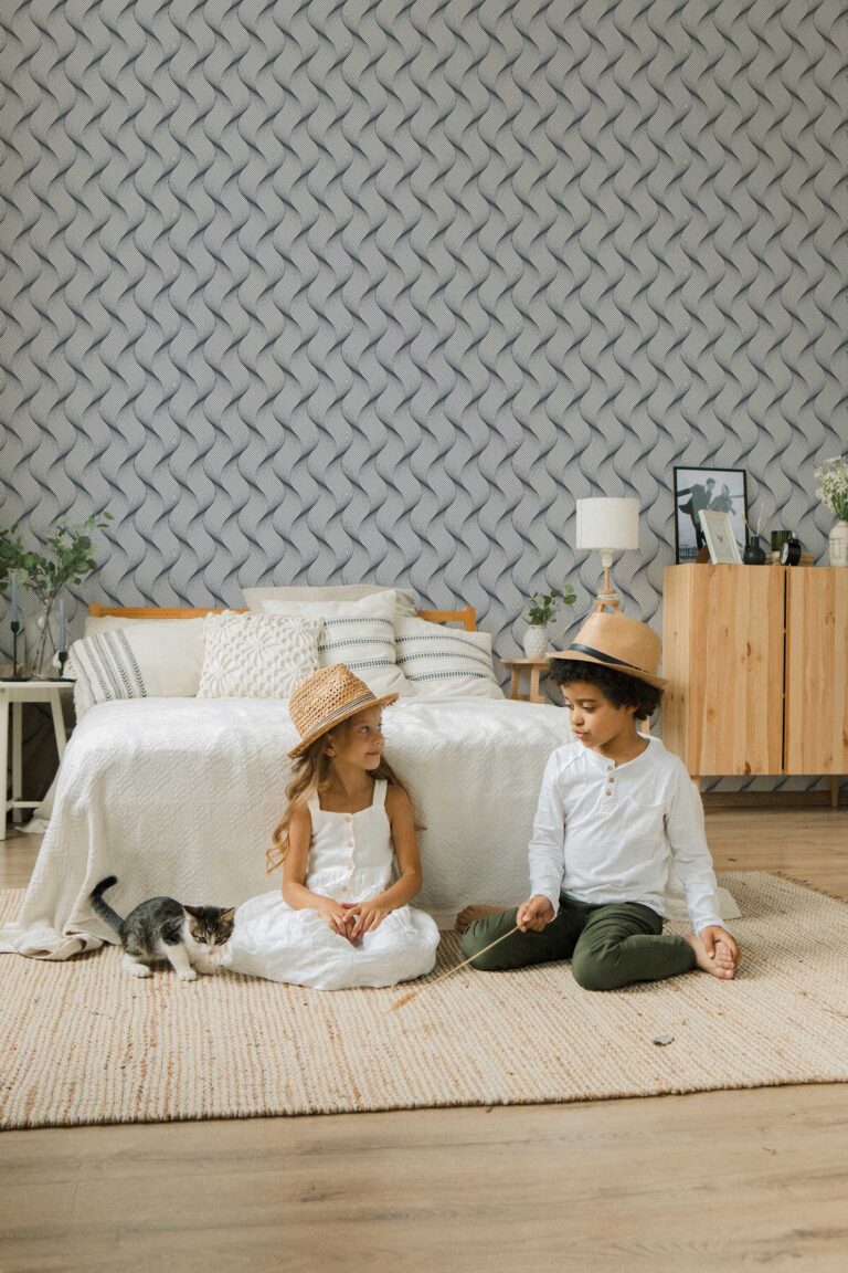 The Lucienne Wallpaper — Woven Wave — blue white wave peel stick