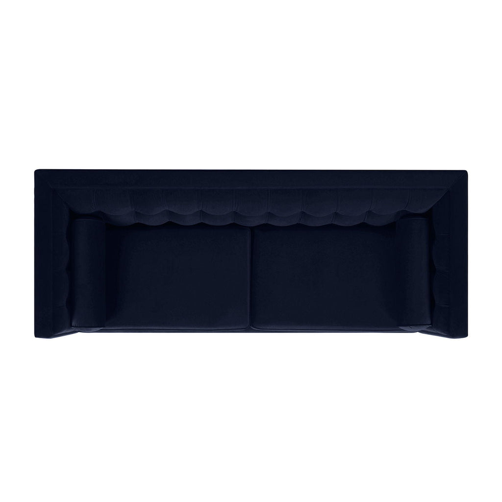 Top-down studio layout of the Cadence tuxedo sofa in rich navy blue velvet, highlighting the sharp geometric frame perimeter, dual seat cushions, and symmetry of the cylindrical bolster pillows.