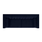 Top-down studio layout of the Cadence tuxedo sofa in rich navy blue velvet, highlighting the sharp geometric frame perimeter, dual seat cushions, and symmetry of the cylindrical bolster pillows.