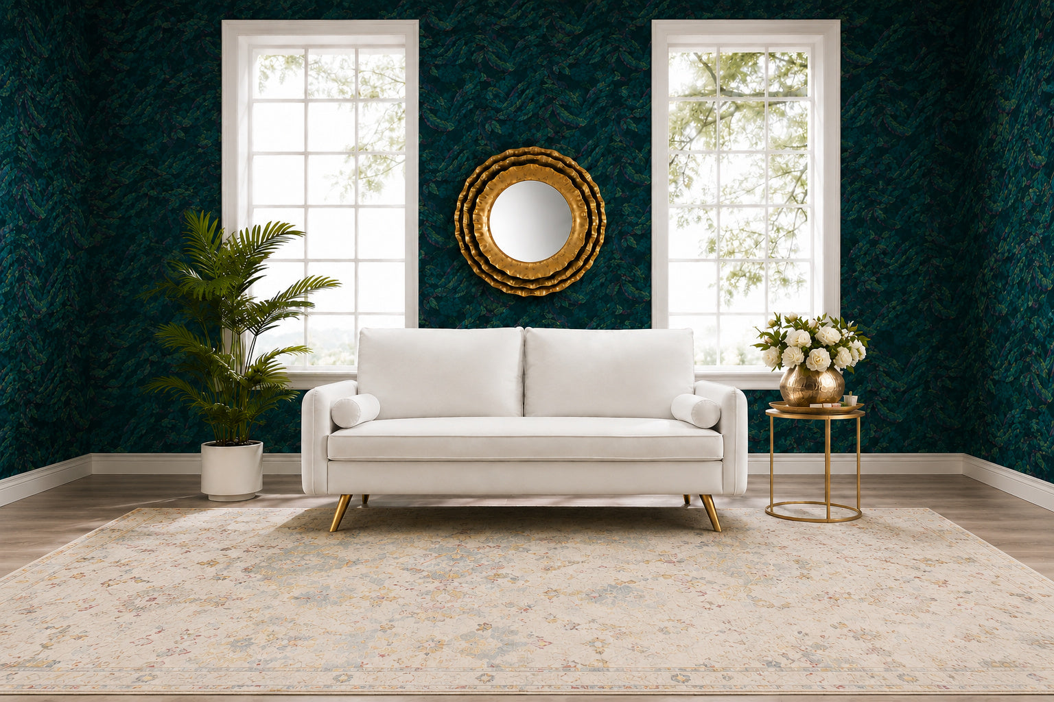 Luxury living room with emerald botanical wallpaper, sculptural gold mirror, ivory sofa, gold side table, and floral vase.