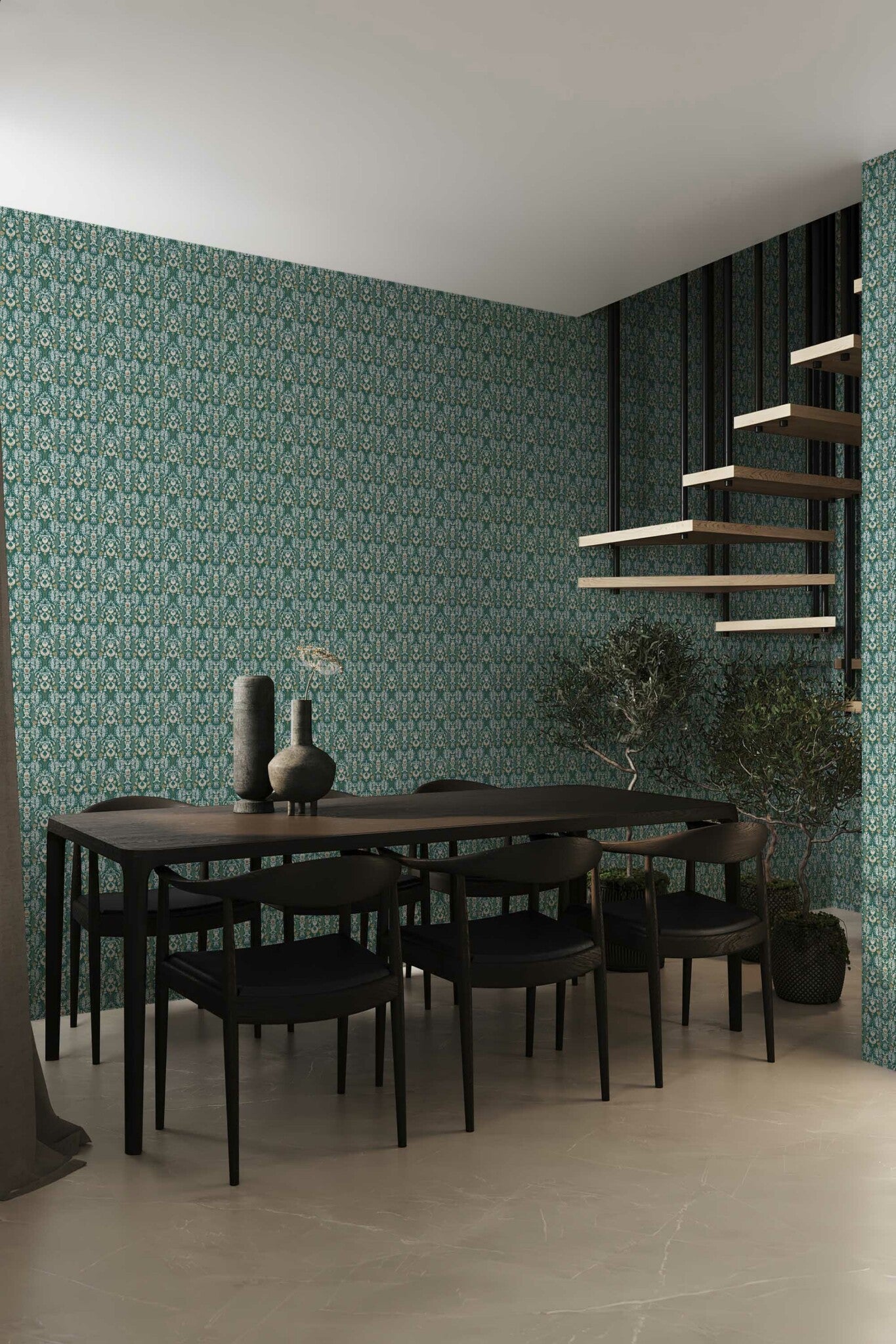 The Corentine Wallpaper — Forest Damask — forest green damask removable wallpaper