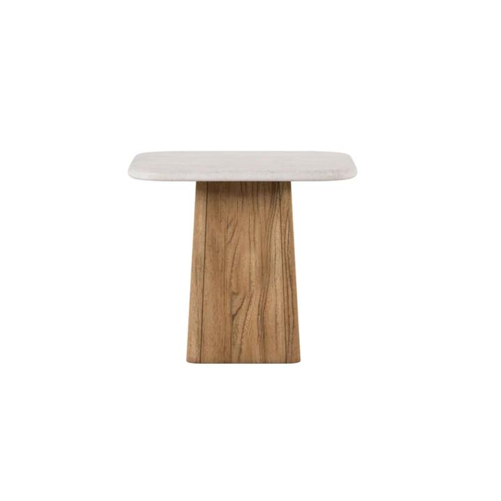 Full view of the Portico Travertine Accent Table showing its softly rounded ivory stone top and warm sienna wood pedestal.
