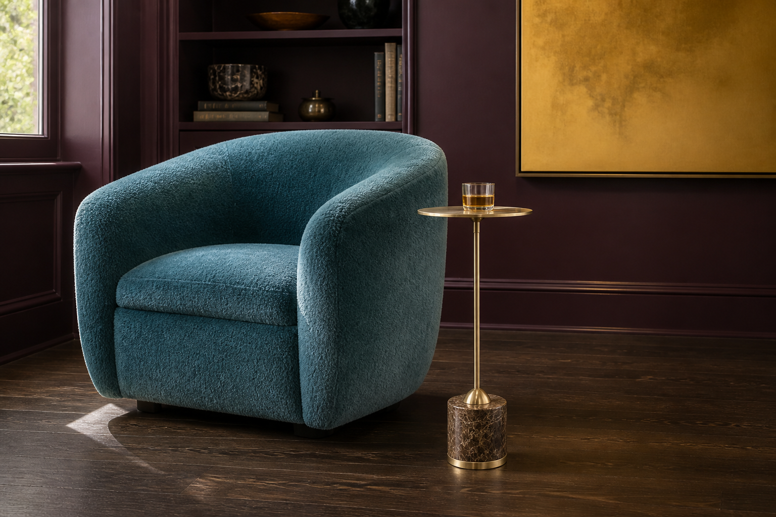 The Isabeau Drink Table beside turquoise seating in an aubergine reading room