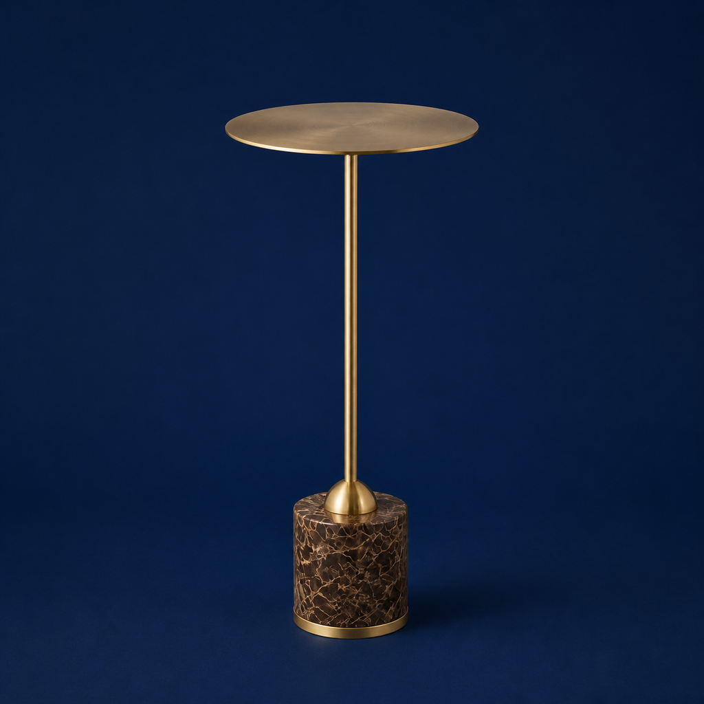 The Isabeau Drink Table against a deep cobalt-blue backdrop