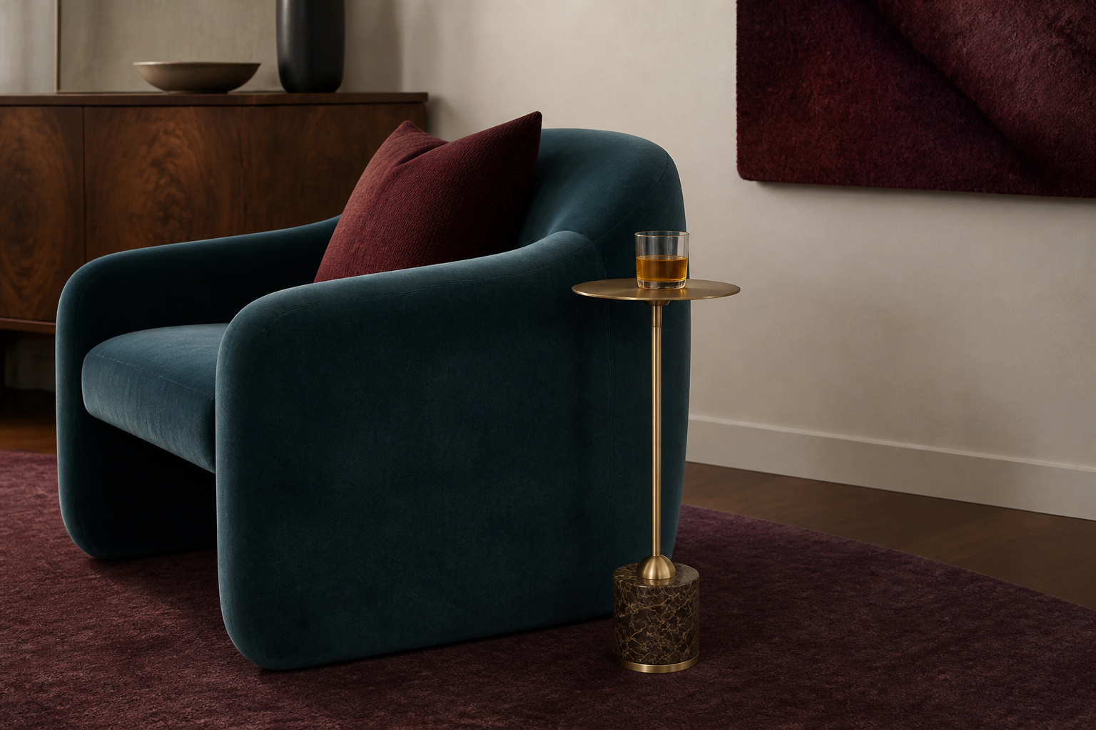 The Isabeau Drink Table beside a deep teal lounge chair in a jewel-toned interior