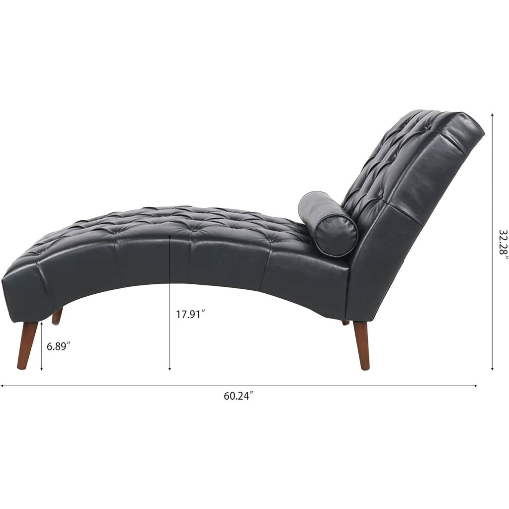 Technical profile blueprint of the Luca chaise lounge indicating its 60.24-inch overall length, 32.28-inch backrest height, 17.91-inch seat height, and 6.89-inch wooden leg clearance.