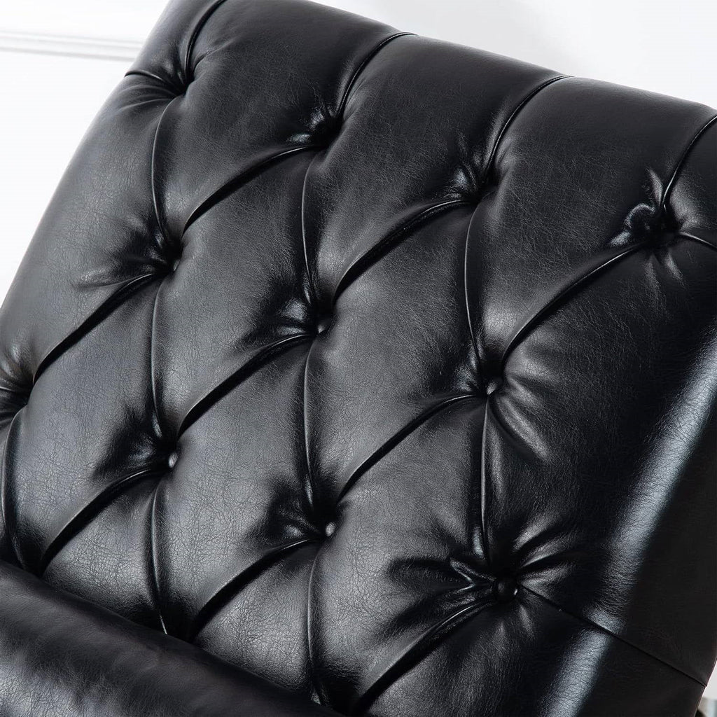 Macro close-up shot of the Luca chaise lounge, showcasing the high-tailored diamond button tufting patterns on the taut, premium black faux-leather upholstery.