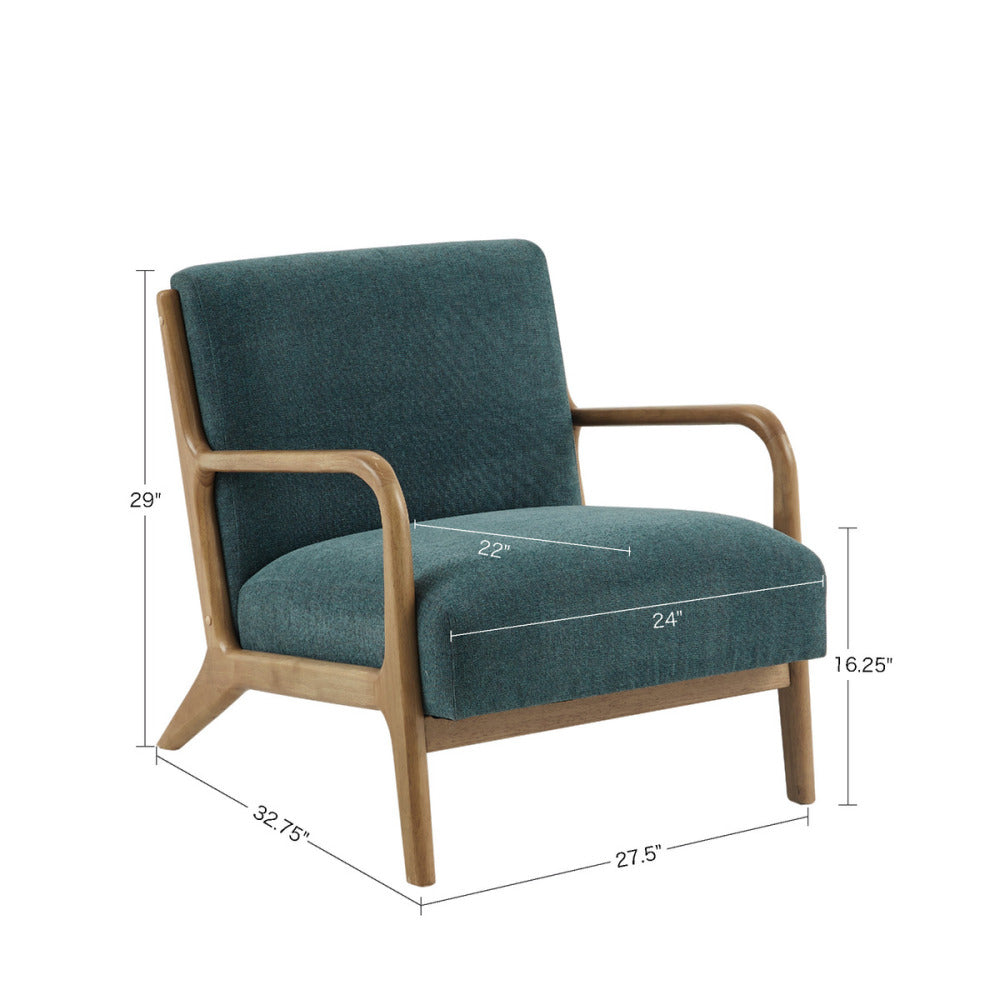 Technical dimension blueprint diagram of the Matheo lounge chair detailing its 27.5-inch width, 29-inch total back height, and 16.25-inch seat elevation.