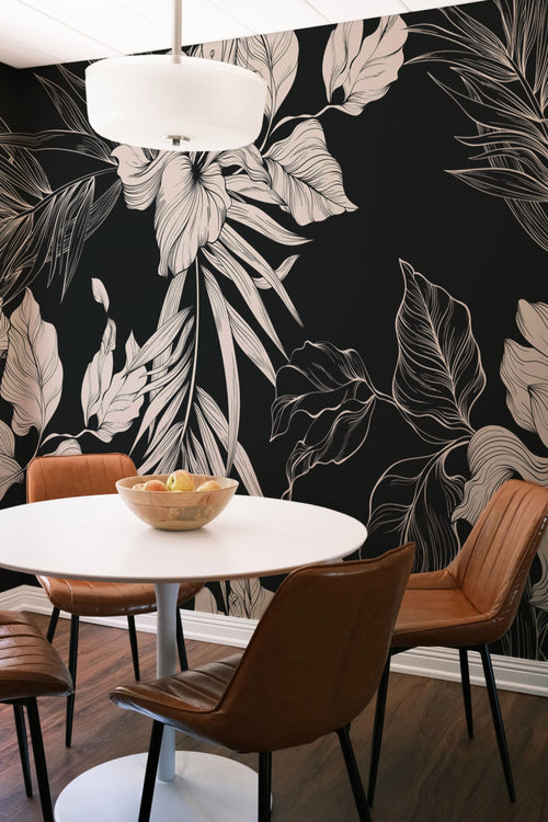 Sidonie Mural — Midnight Botanical Line Art — midnight floral garden peel stick