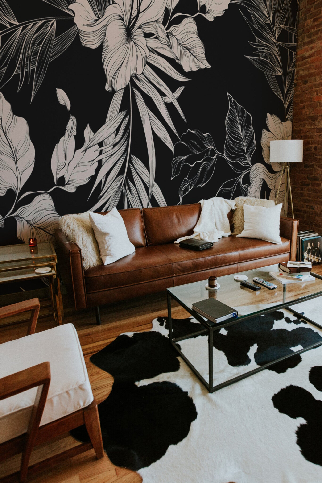Sidonie Mural — Midnight Botanical Line Art — midnight floral garden peel stick