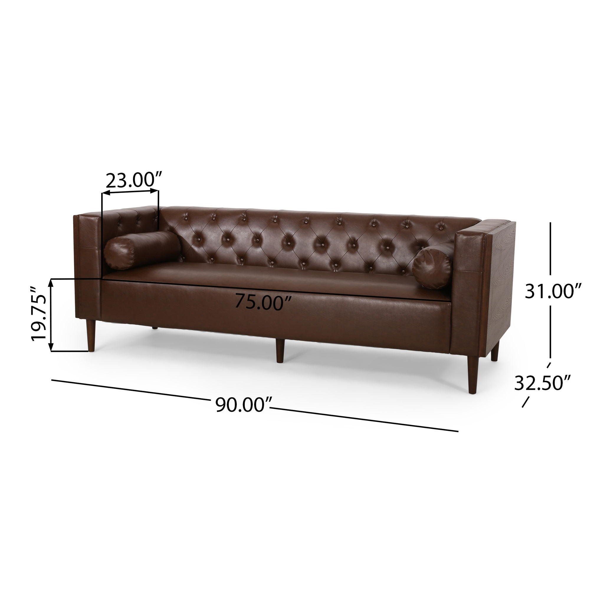 Architectural three-quarter technical breakdown of the Monolith chocolate leather sofa, displaying crisp black dimension lines outlining its 90.00-inch width, 32.50-inch depth, and 31.00-inch height.