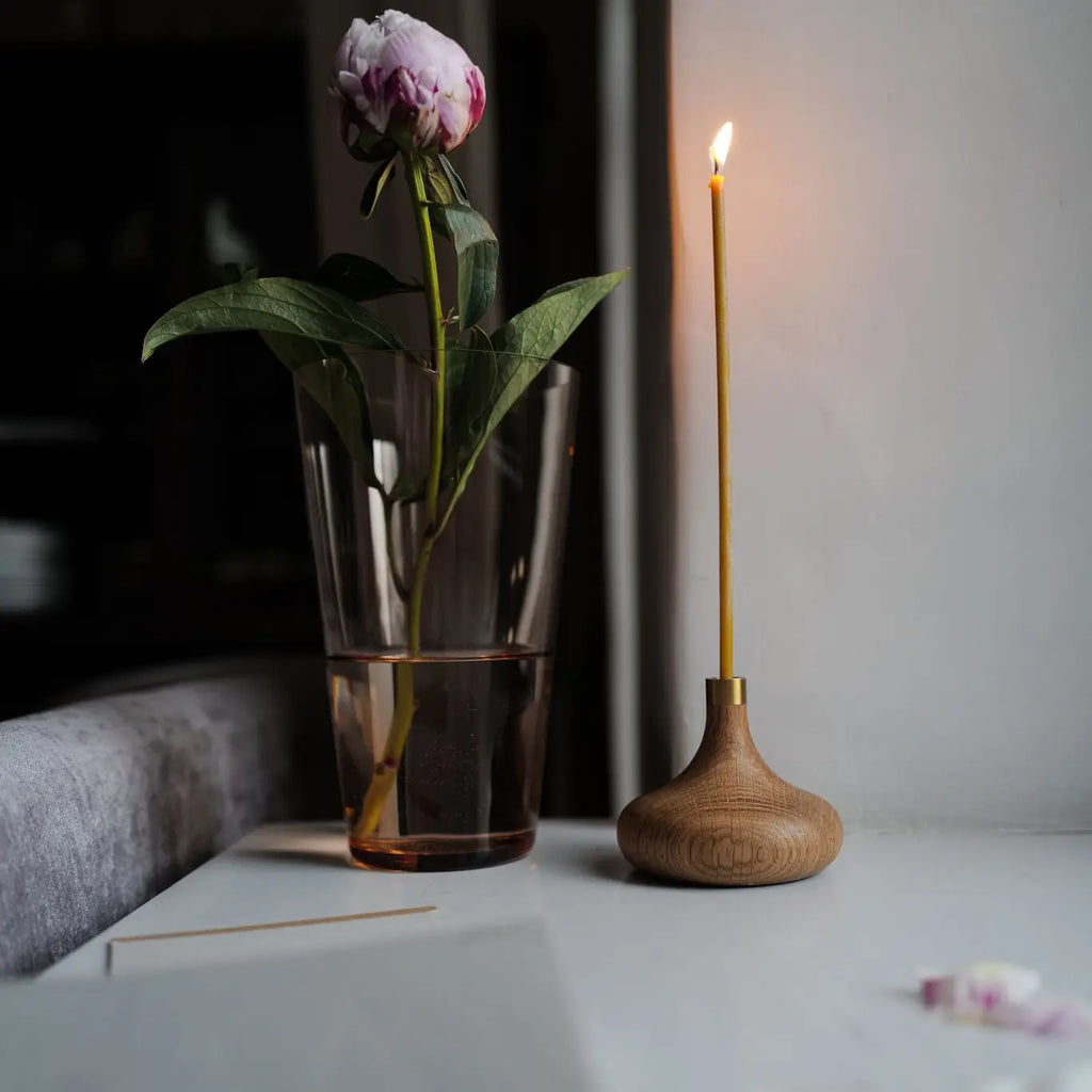The Clovis Oak Candle Holder | Oiled Oak & Brass