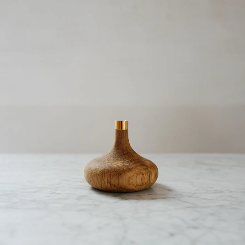 The Clovis Oak Candle Holder | Oiled Oak & Brass
