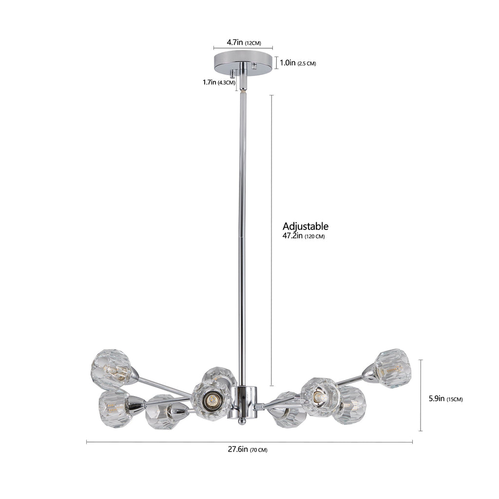Technical dimension blueprint of the Polaris chandelier, detailing its 27.6-inch total fixture width, 5.9-inch crystal branch height, and a 47.2-inch adjustable hanging downrod capability.