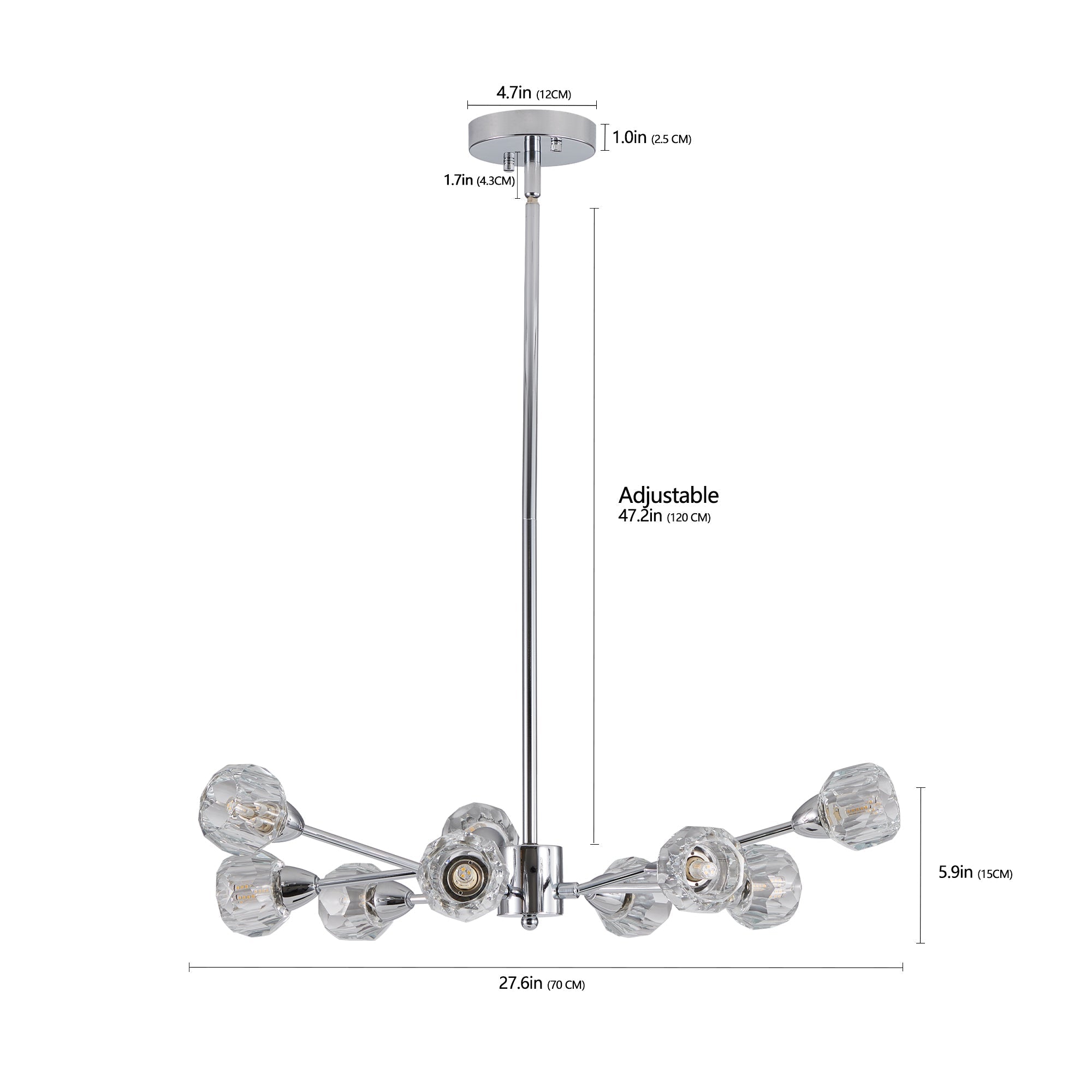 Technical dimension blueprint of the Polaris chandelier, detailing its 27.6-inch total fixture width, 5.9-inch crystal branch height, and a 47.2-inch adjustable hanging downrod capability.