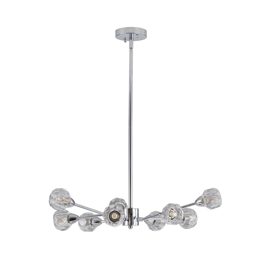 Symmetrical straight-on studio view of the Polaris 9-light chandelier in high-polish chrome, highlighting its low-profile satellite configuration and unlit multi-faceted crystal glass globes against a pure white backdrop.