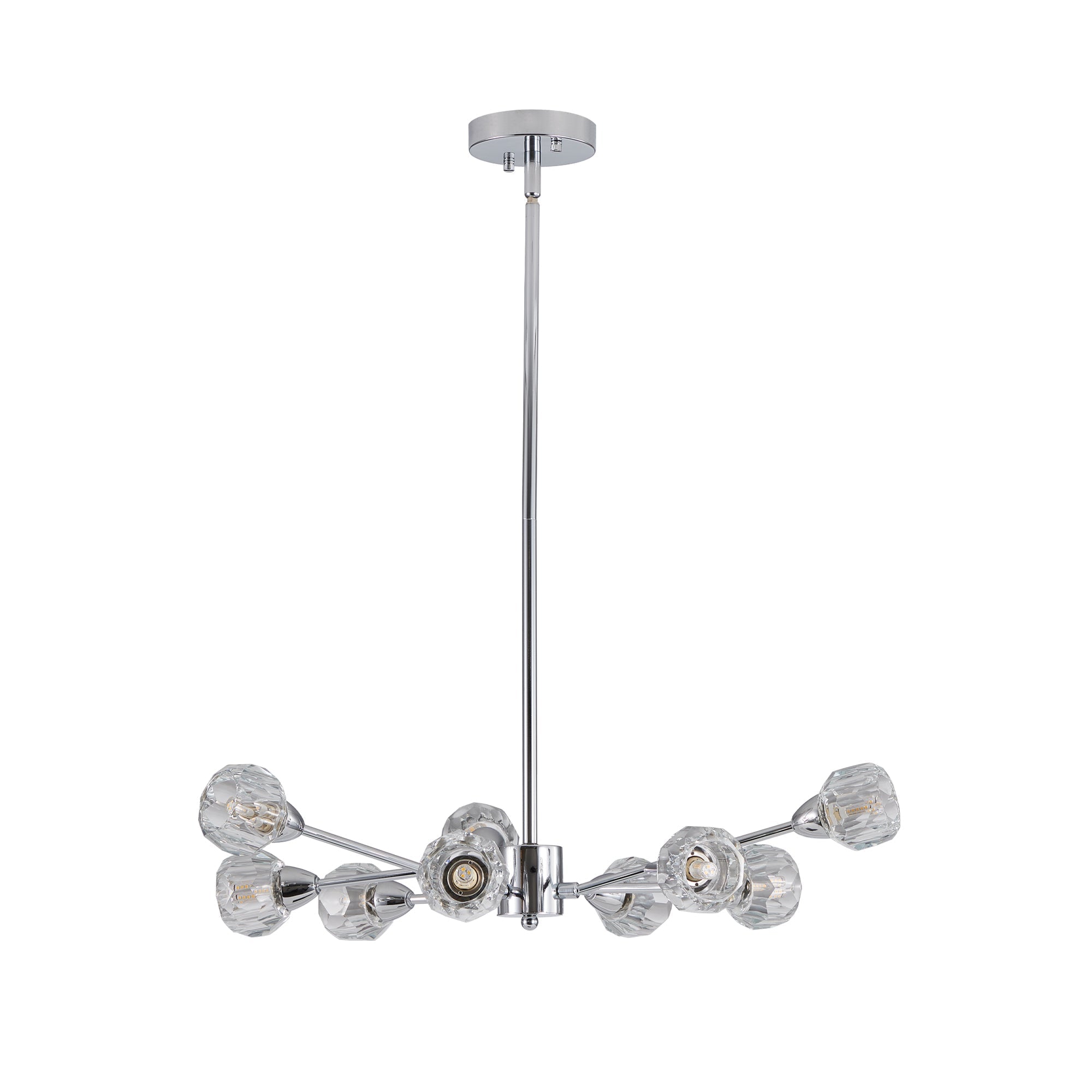 Symmetrical straight-on studio view of the Polaris 9-light chandelier in high-polish chrome, highlighting its low-profile satellite configuration and unlit multi-faceted crystal glass globes against a pure white backdrop.