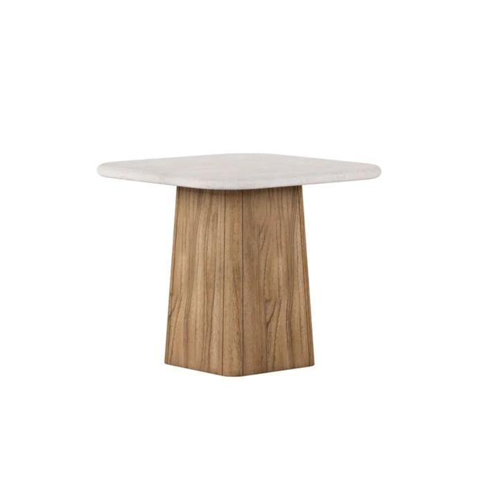 Alternate view of the Portico Travertine Accent Table emphasizing the compact pedestal silhouette and contrast between stone and wood.