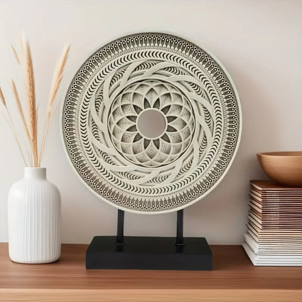 The Delphine Disc Sculpture — Hand-Carved Wood — round handcarved table top brown