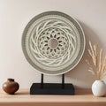 The Delphine Disc Sculpture — Hand-Carved Wood — round handcarved table top brown