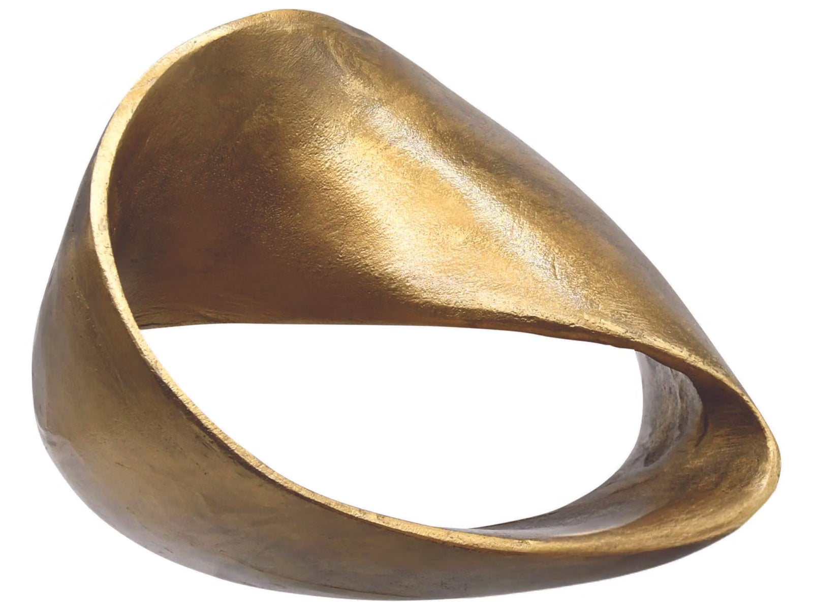 Front view of the Ruben Abstract Sculpture showing its low asymmetrical metal loop, textured warm-brass finish, and irregular central opening.