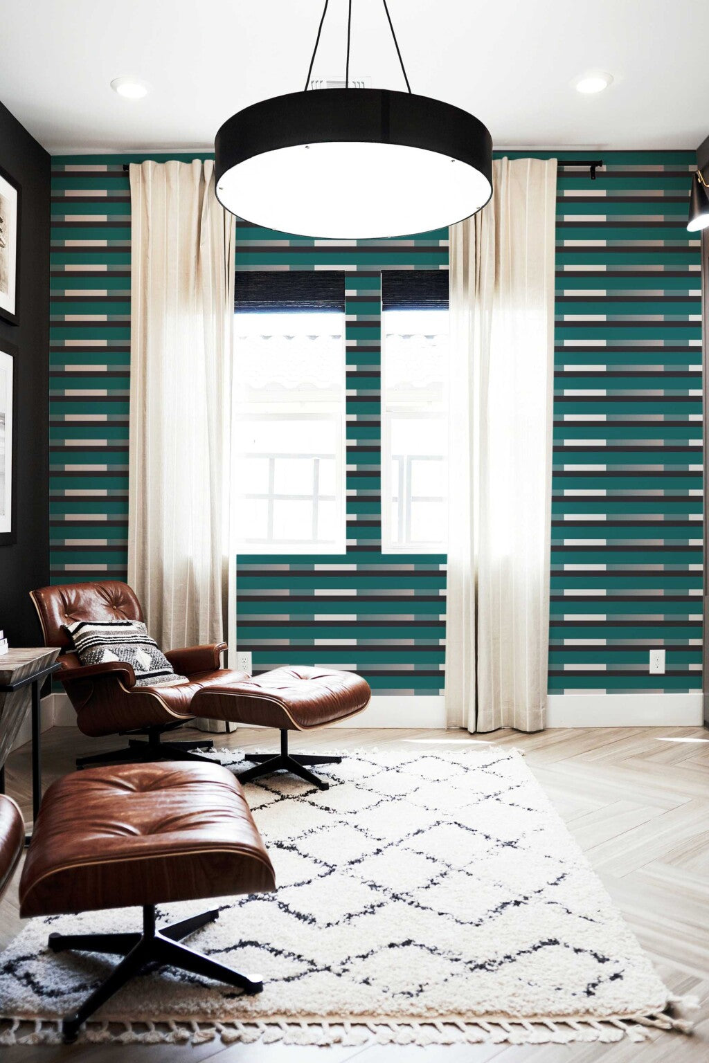 The Marguerite Wallpaper — Teal & Graphite Stripe — teal striped peel stick wallpaper