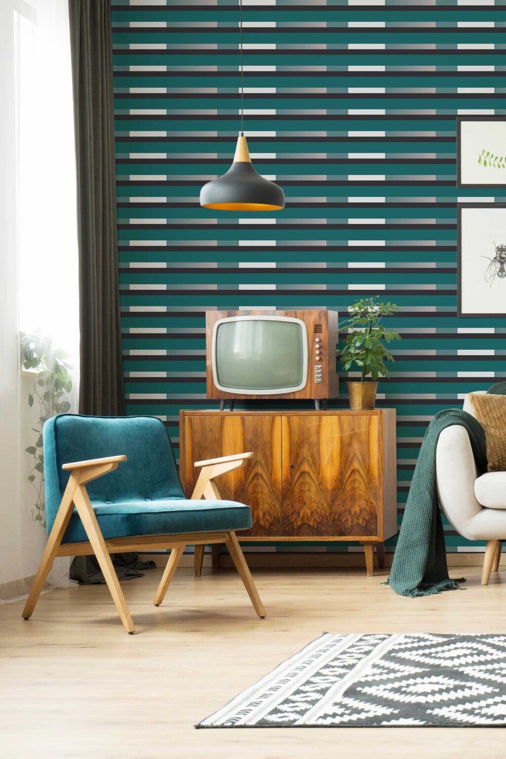 The Marguerite Wallpaper — Teal & Graphite Stripe — product view