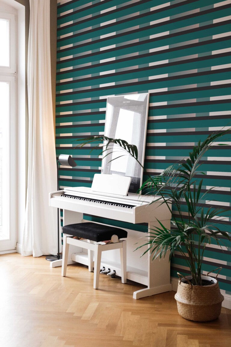 The Marguerite Wallpaper — Teal & Graphite Stripe — teal striped wallpaper walls jpg