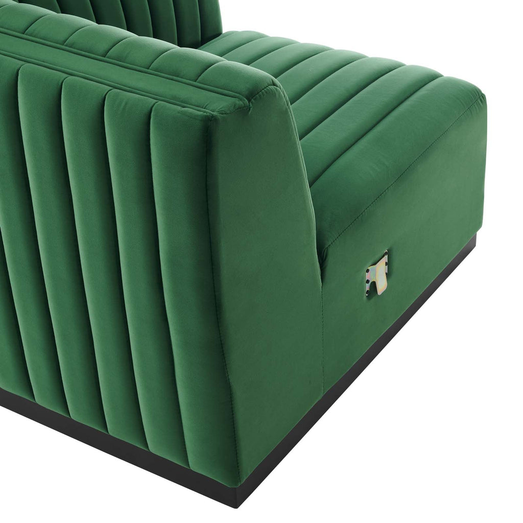 Close-up technical view of the interior seam of the Velvet Rogue velvet chair module, showcasing the heavy-duty alligator-style interlocking metal bracket used to connect the sectional frames safely.